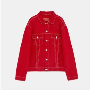 Red denim jacket with contrast stitching from Zara